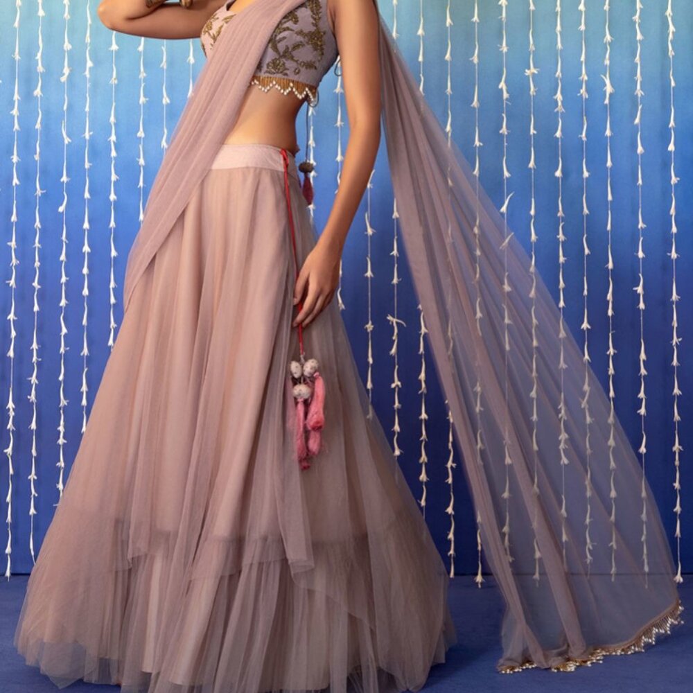 Blush Pink Lehenga Set With Hand Embroidered Blouse And Attached Drape